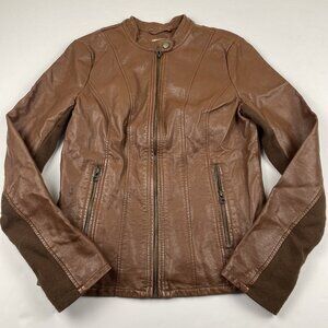 GH Bass Moto Jacket Women's S Faux Leather Brown Stretch Knit Sides